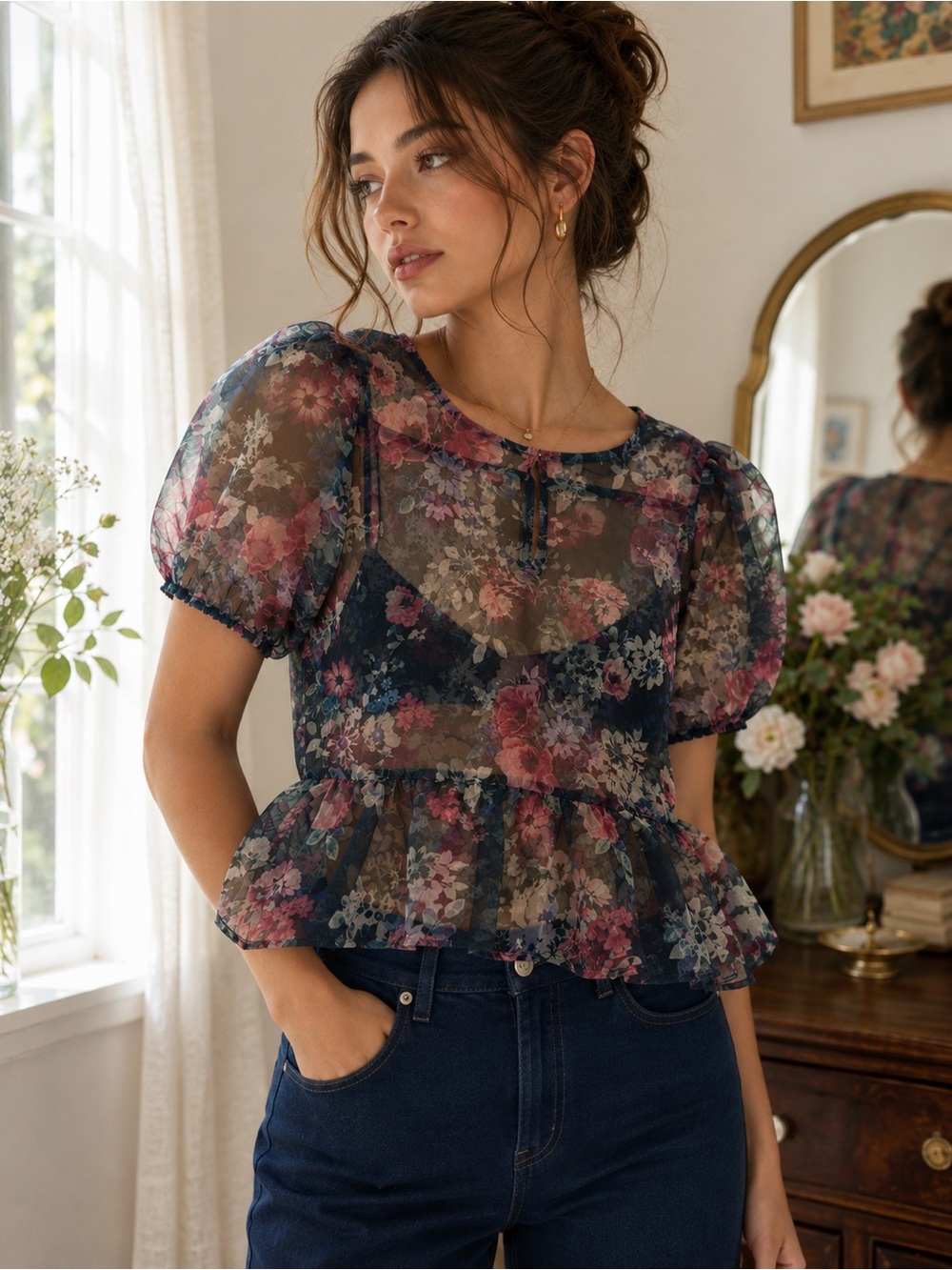 Forever 21 Sheer Floral Organza Puff Sleeve Peplum Blouse Medium